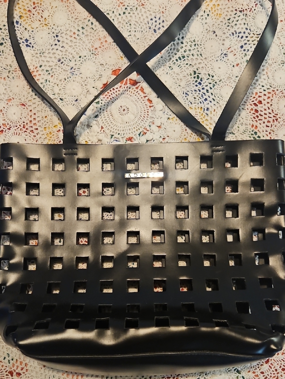 Adolfo Black Laser-Cut Tote Bag